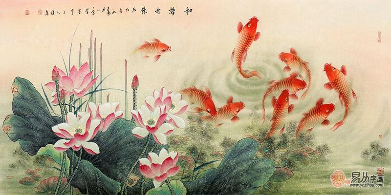 九鱼牡丹图(牡丹九鱼图图片大全 竖版)